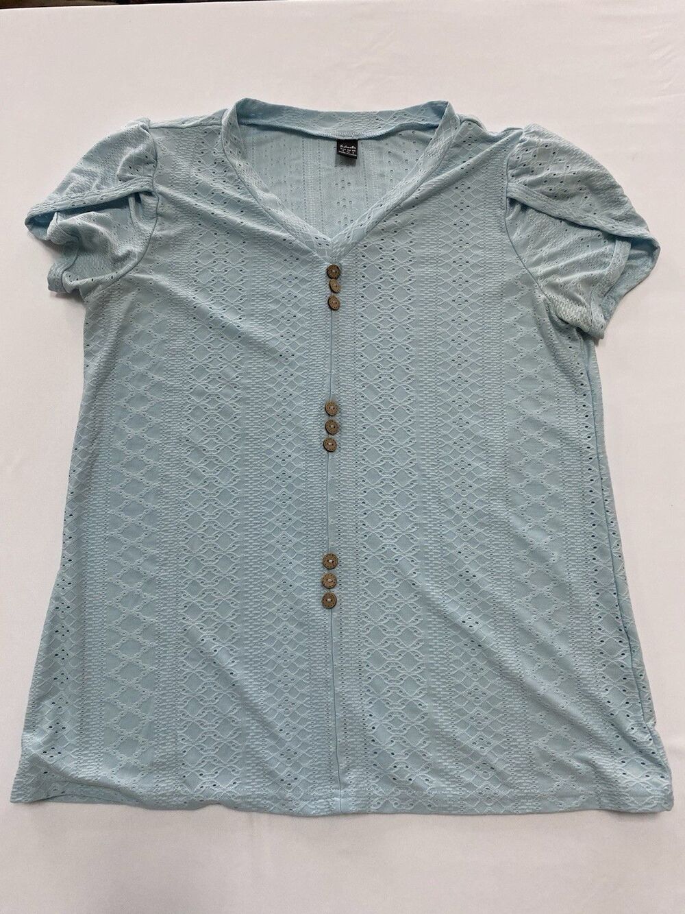 Salanta Blue Eyelet Crochet V-Neck Top - Boho Cottagecore Short Sleeve - Small